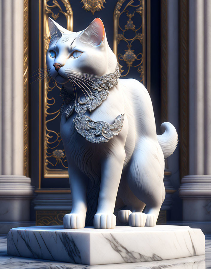 White Cat with Jeweled Necklace on Marble Pedestal and Golden Doors