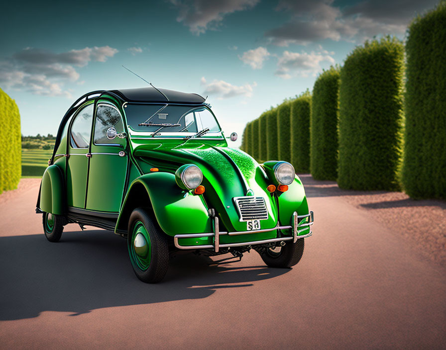 Vintage Green Car Parked on Pathway with Manicured Hedge Walls