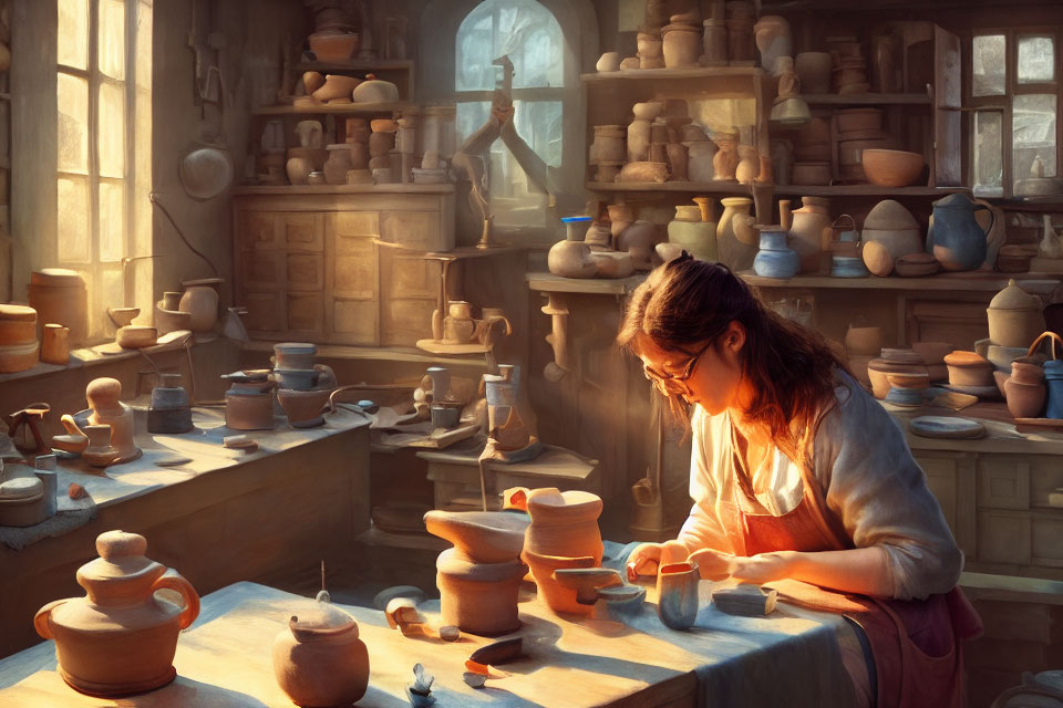 Woman crafting pottery in sunlit workshop with clay pots and jars.