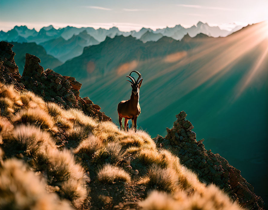 Ibex on Mountain Ridge at Sunset with Golden Light Rays