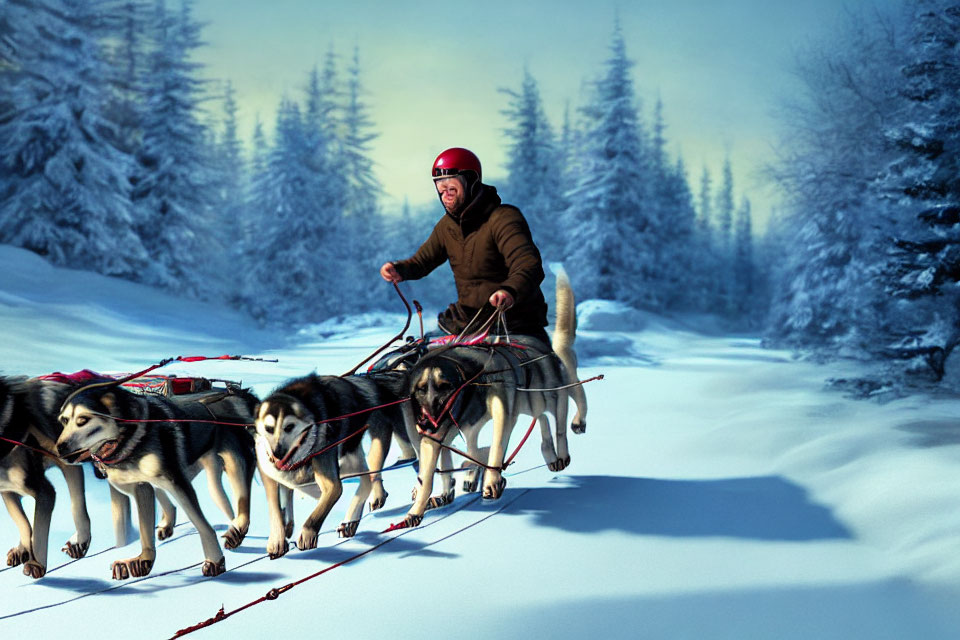 Person in Brown Jacket Mushing Huskies in Snowy Forest