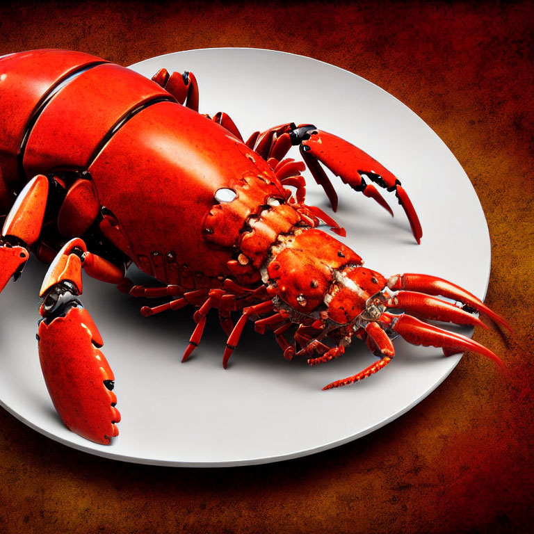 Red Cooked Lobster on White Plate Against Orange Background