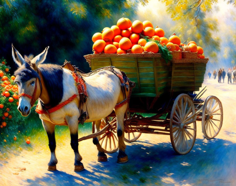 Donkey pulling cart filled with pumpkins on sunny road