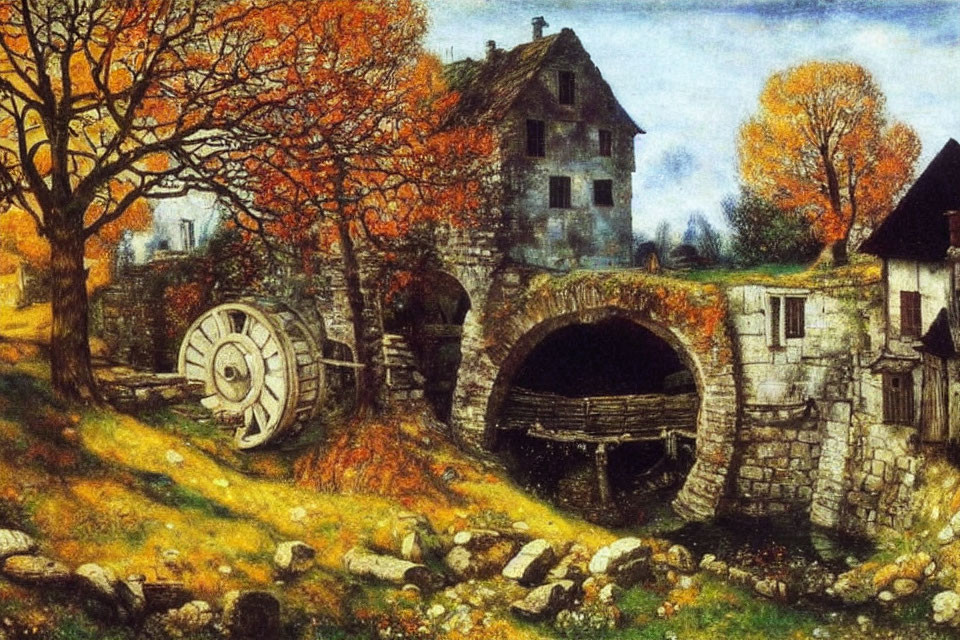 Rustic watermill and stone bridge in autumn scenery