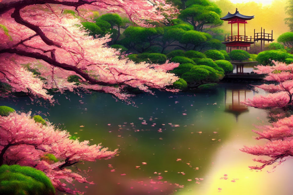 Japanese Garden with Pink Cherry Blossoms and Red Pagoda