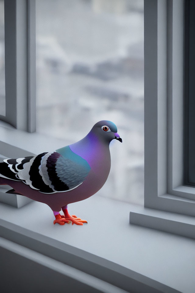 Iridescent pigeon perched on snowy windowsill