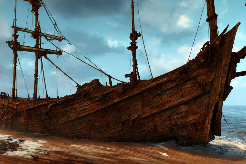 Weathered wooden shipwreck on sandy beach with ocean and blue sky