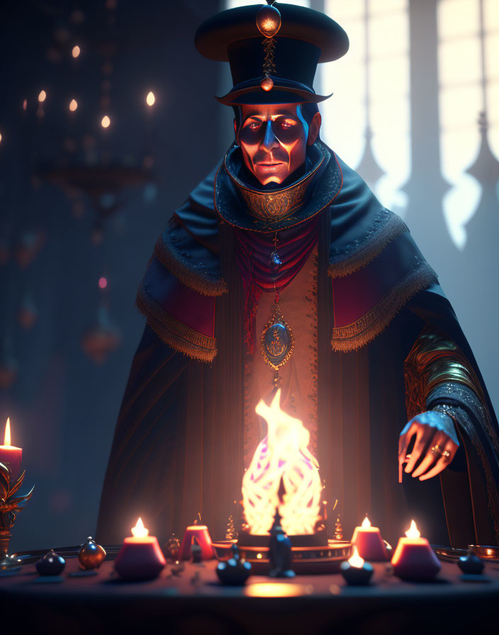 Mysterious Figure in Dark Robe with Flaming Symbol and Candles