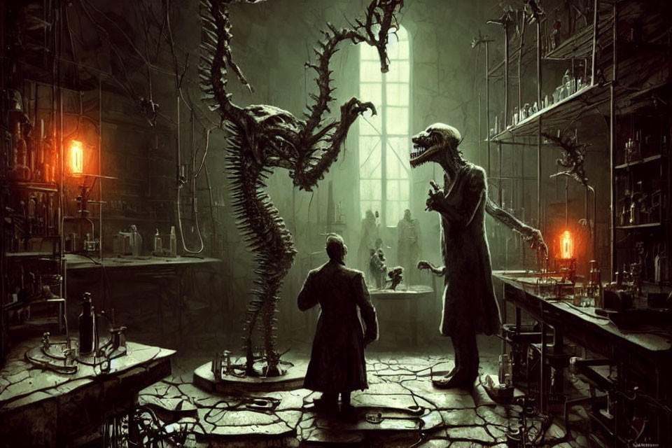 Gothic laboratory scene with humanoid reptilian creatures