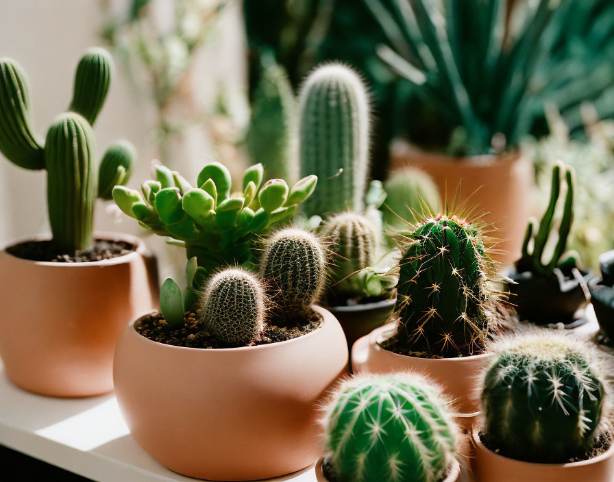 Assorted Cacti and Succulents in Terra Cotta Pots on Shelf