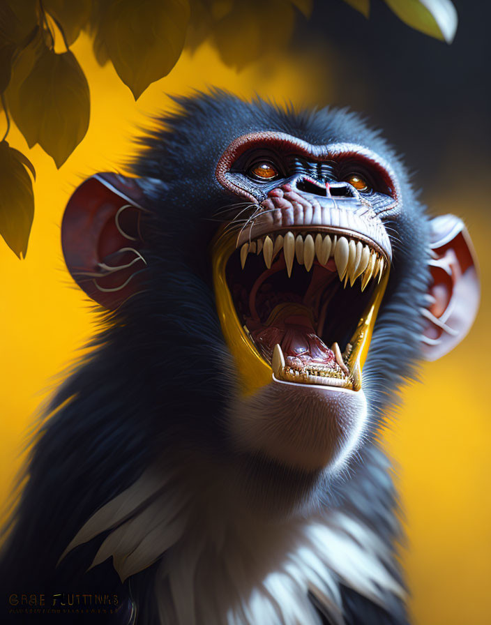 Detailed digital illustration of expressive mandrill against yellow background.