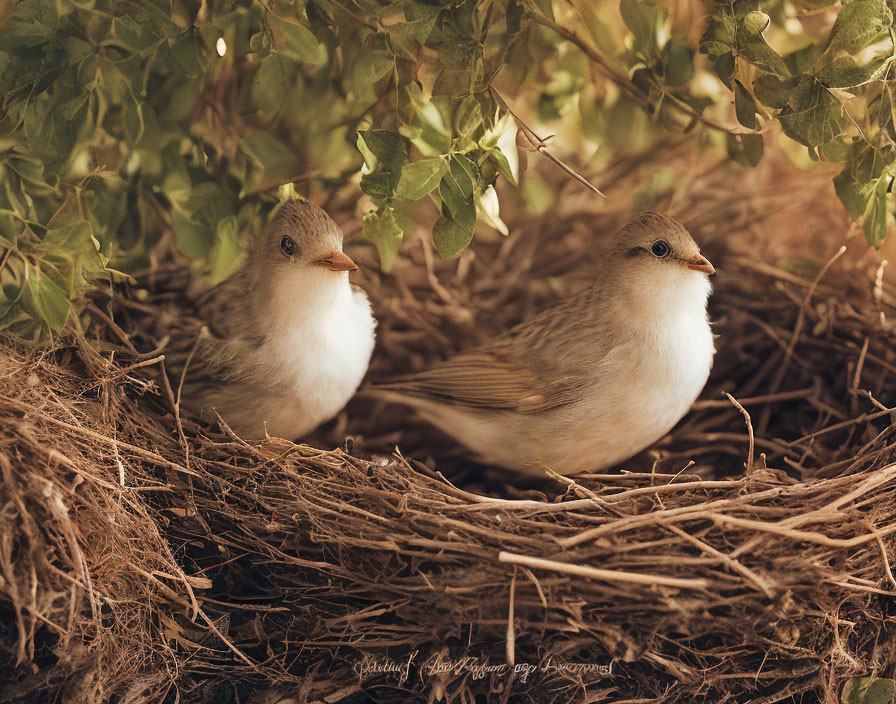 Two Small Birds Nestled in Cozy Nest Among Green Foliage