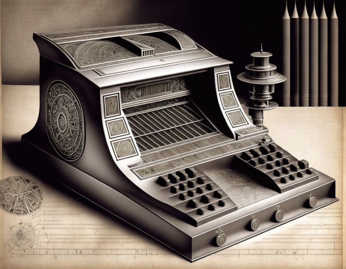 Intricate mechanical cash register with technical drawings and pencils