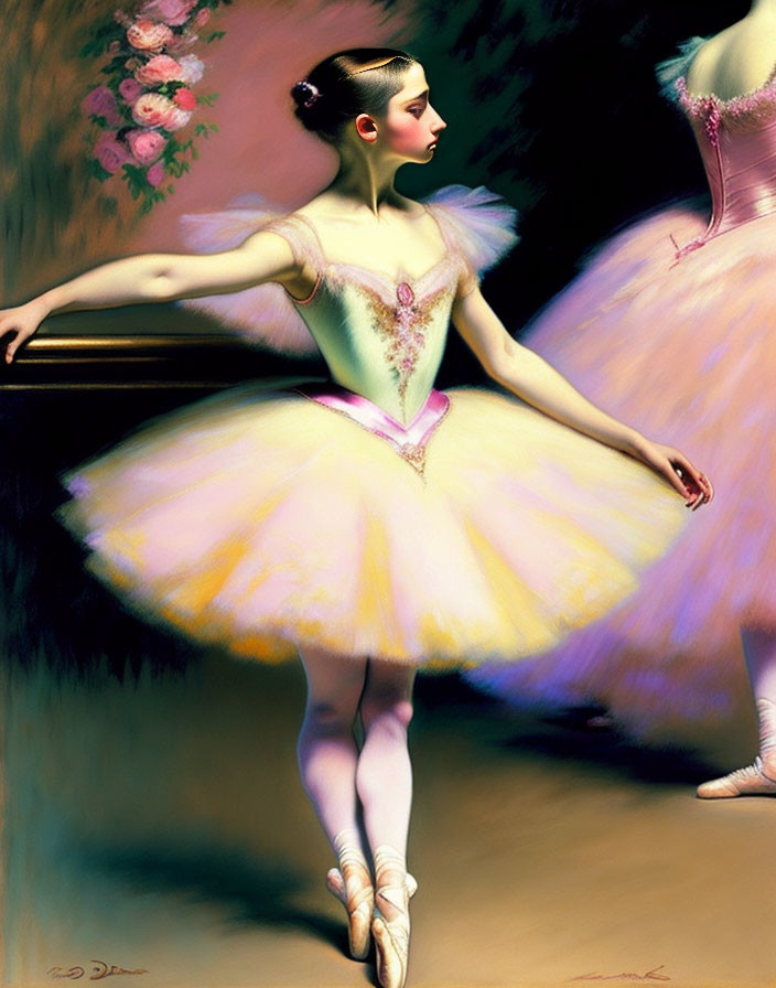 Pink tutu ballet dancer en pointe with mirror and flowers