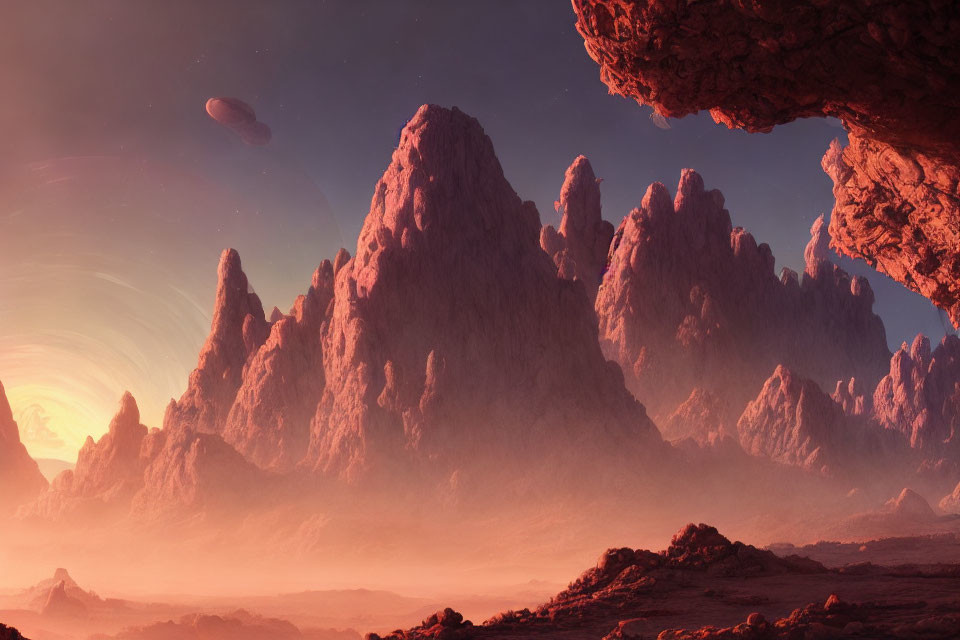 Alien landscape with red rock formations and two moons in the sky