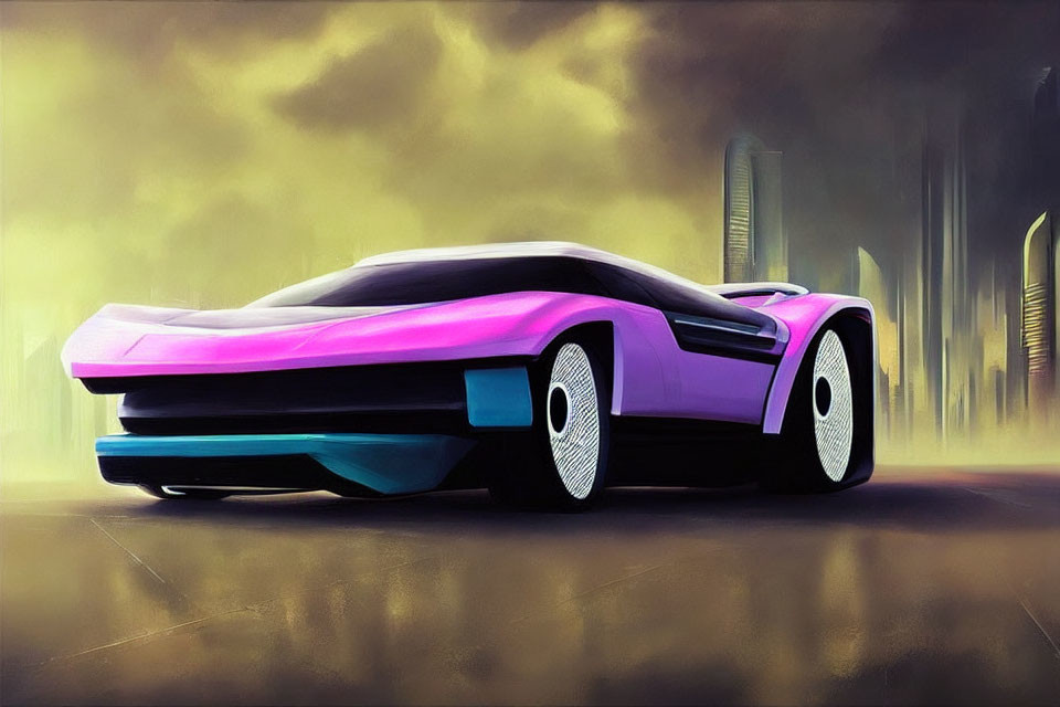 Futuristic purple and white sports car against cityscape