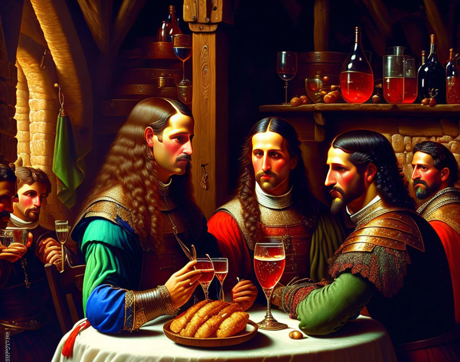 Medieval men in elaborate attire toasting with wine at a vibrant banquet