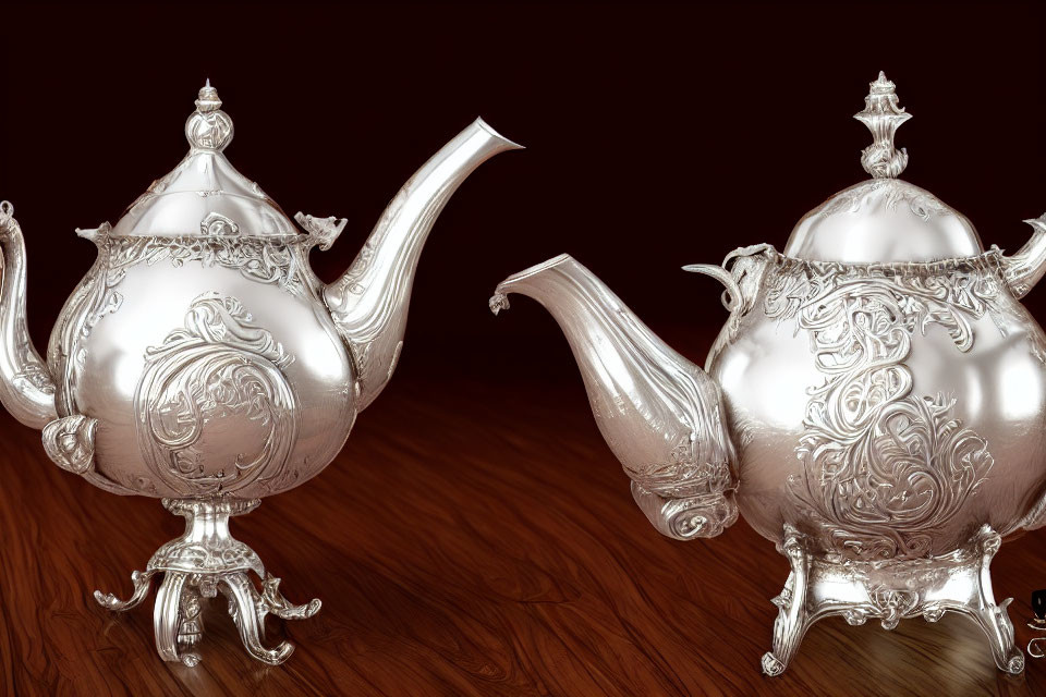 Ornate silver teapots with intricate designs on wooden surface