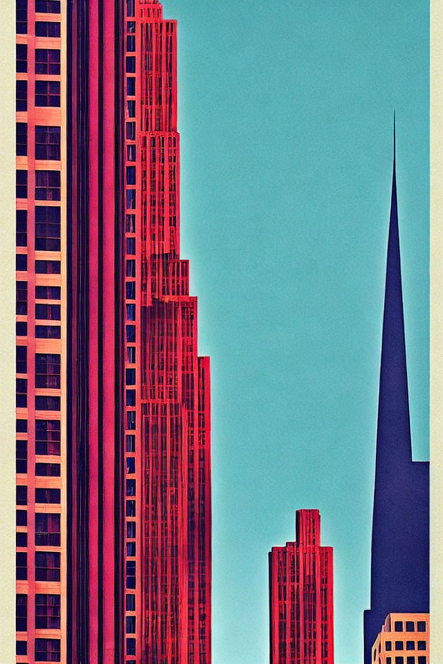 Vibrant skyscraper graphic art in red and teal hues