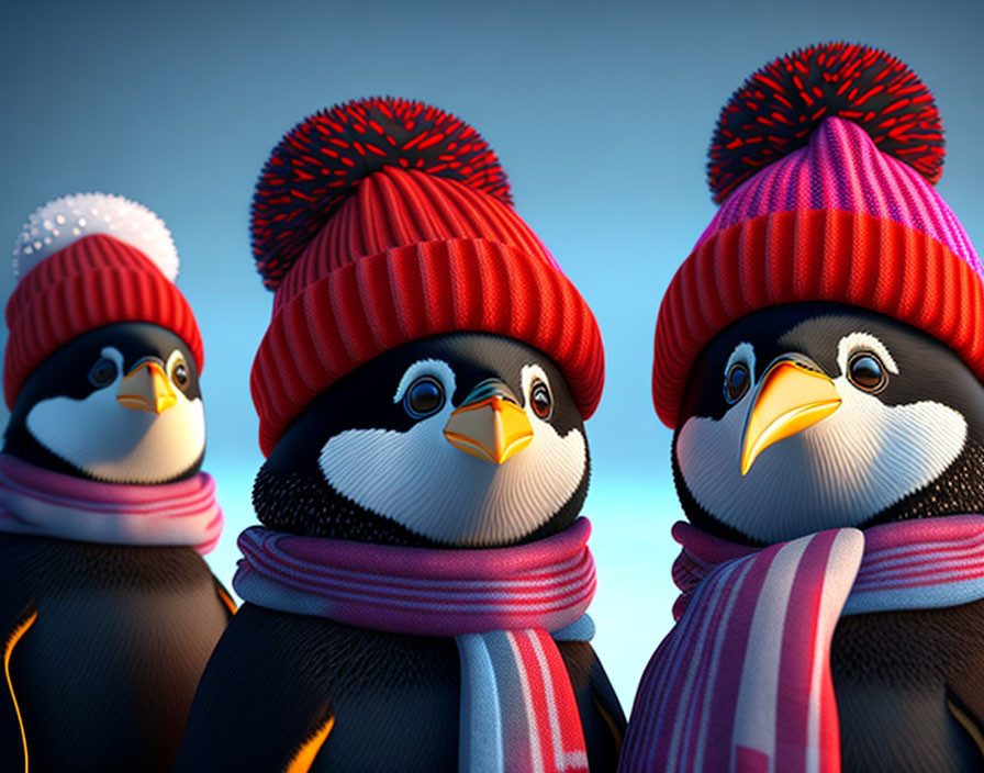 Colorful Winter Hats and Scarves on Three Animated Penguins