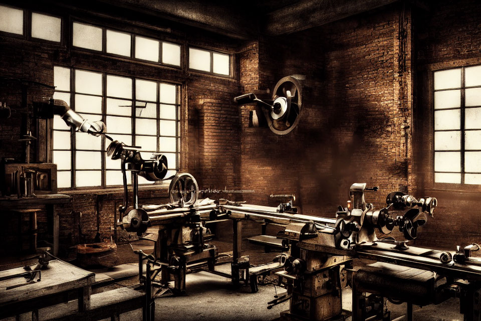 Vintage Industrial Workshop with Machinery and Tools in Natural Light