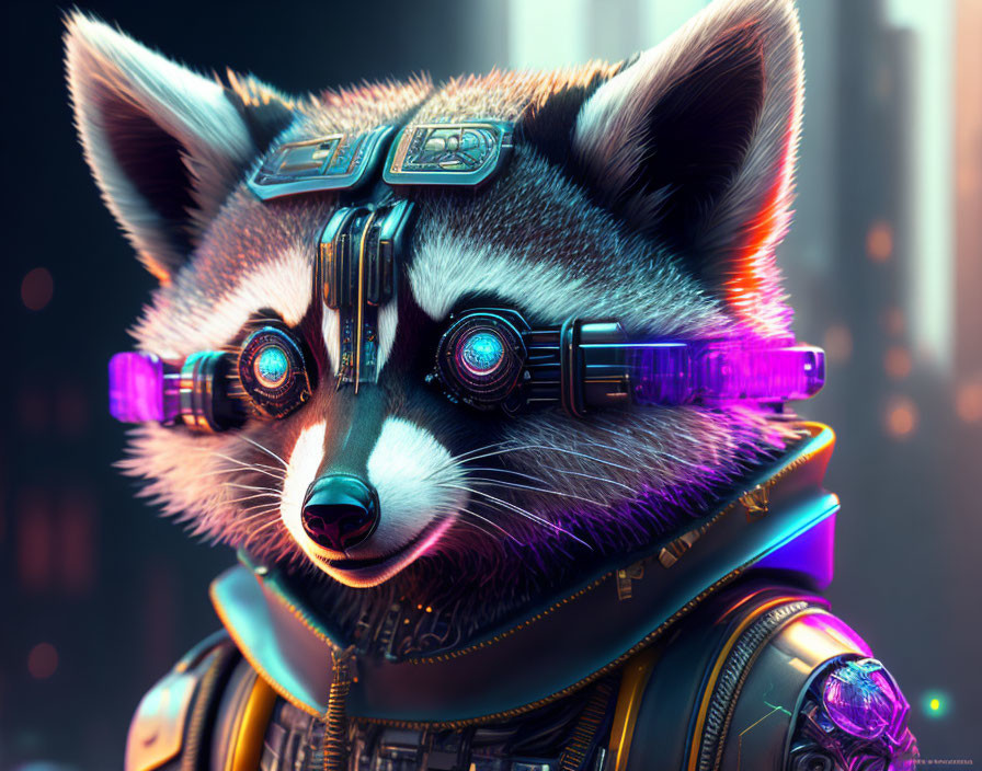 Detailed digital artwork: anthropomorphic raccoon in futuristic armor with neon goggles, cityscape backdrop