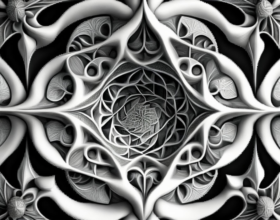 Symmetrical Black and White Fractal Art with Organic Patterns