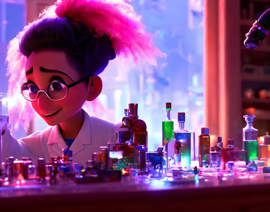 Animated character in lab coat examines glowing bottles