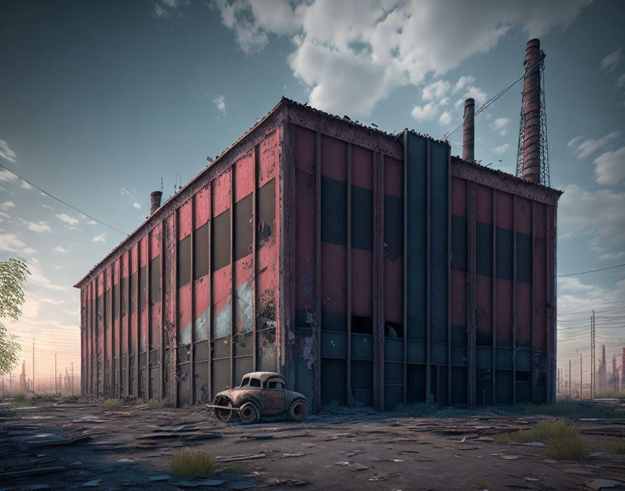 Abandoned car in front of dilapidated factory under cloudy sky