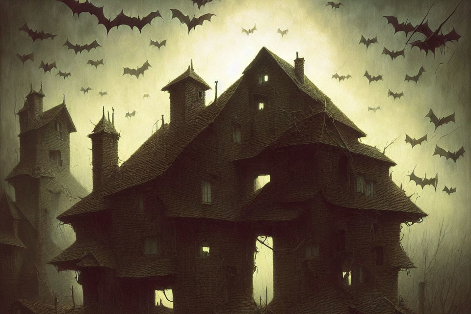 Spooky abandoned house with gables and bats under gloomy sky