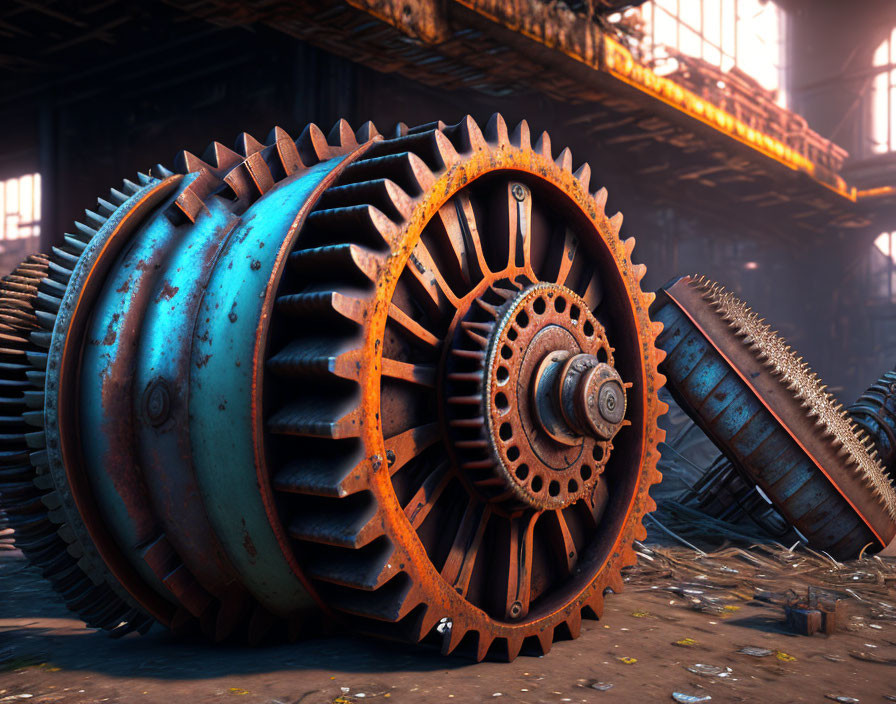 Abandoned large rusty gears in industrial setting with sunlight filtering.