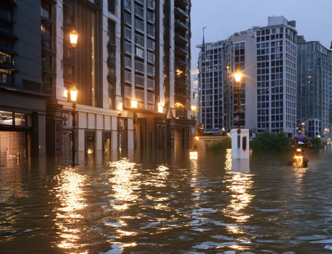 City street flooded at twilight with buildings and streetlights reflected, person on motorbike navigating.