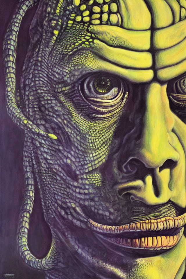 Detailed Close-Up of Reptilian Humanoid Face with Scales and Markings