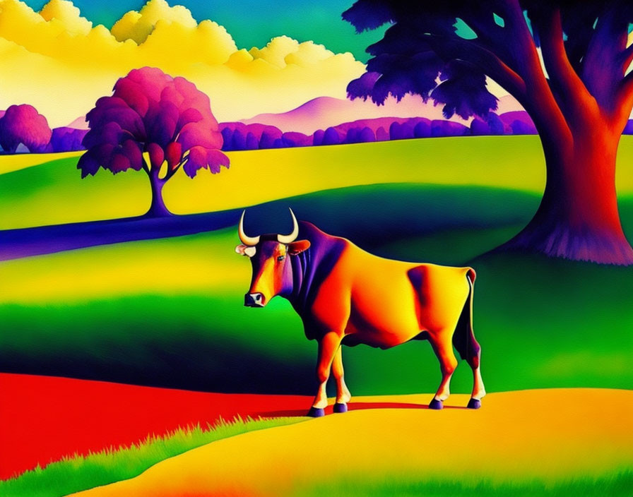 Colorful Painting of Bull in Vibrant Landscape