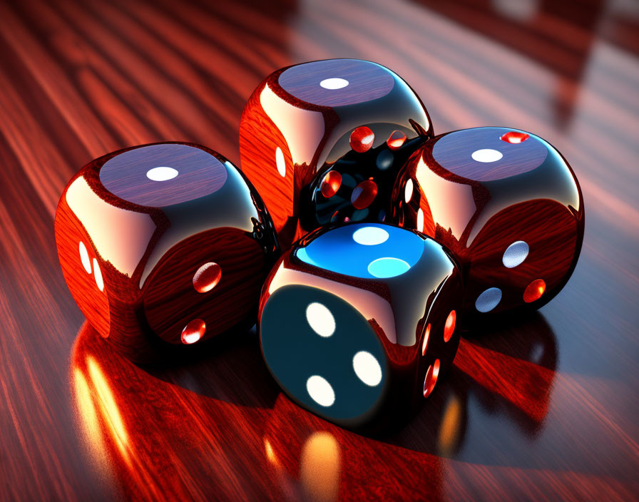 Five glossy red dice with white pips on a reflective wooden surface