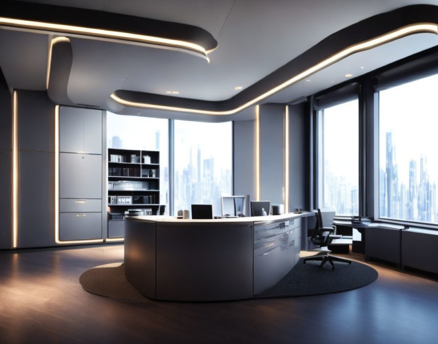 Sleek Desk, Ambient Lighting, City Views, Minimalist Bookshelf