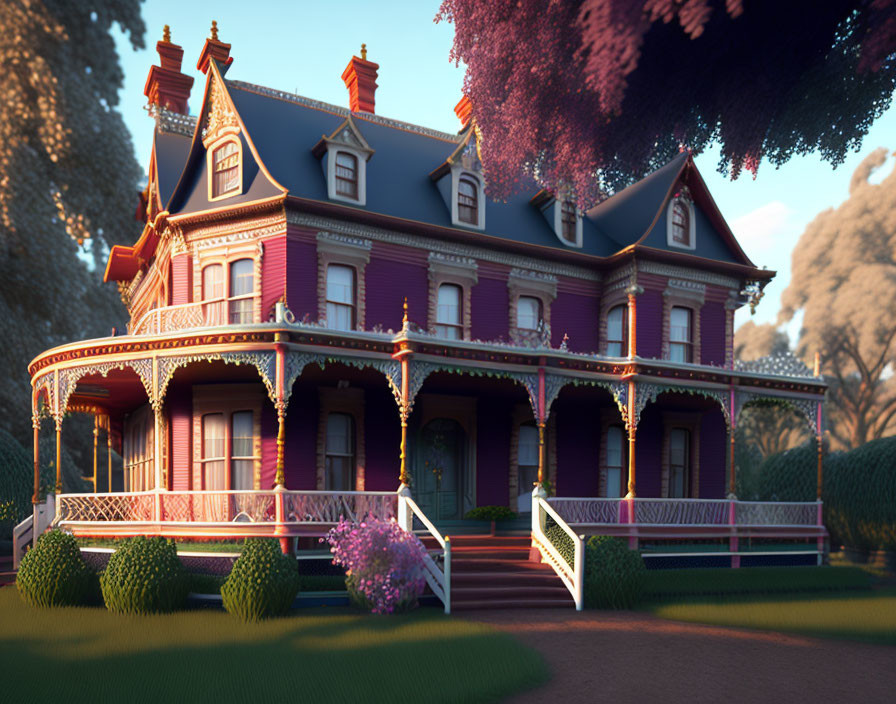 Victorian-style house with wrap-around porch in vibrant purple and pink hues amidst lush greenery at sunset