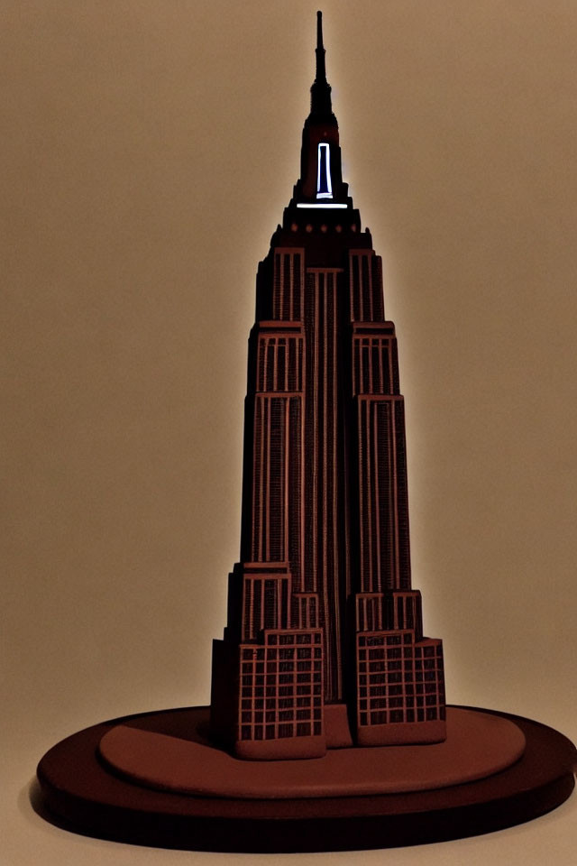 Detailed Empire State Building miniature model with soft ambient lighting on dark background