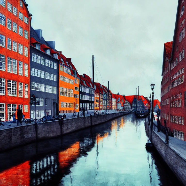 Canal Scene: Vibrant Orange Buildings, Pedestrians, Bicycles