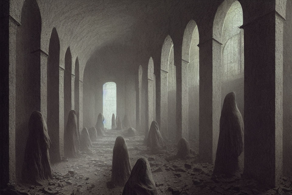 Dimly Lit Hallway with Arched Doorways and Robed Figures in Silence