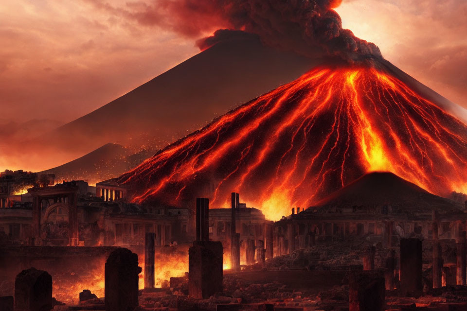 Volcanic eruption with flowing lava and ash clouds over ancient ruins