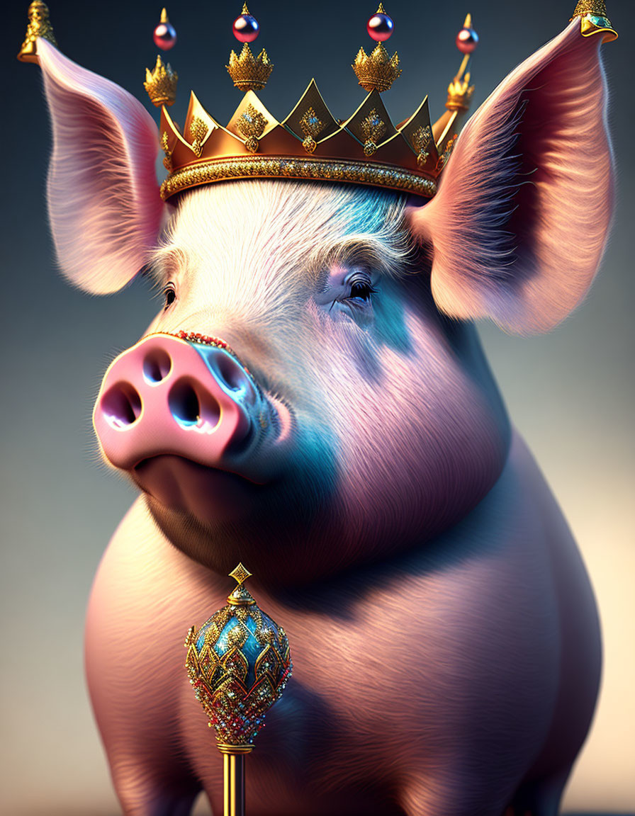 Whimsical pig in royal attire with crown and scepter