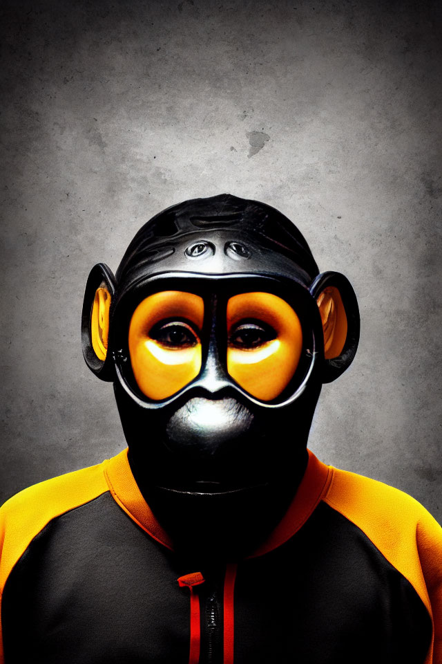 Person in Orange and Black Gorilla Mask with Large Eyes on Grey Background