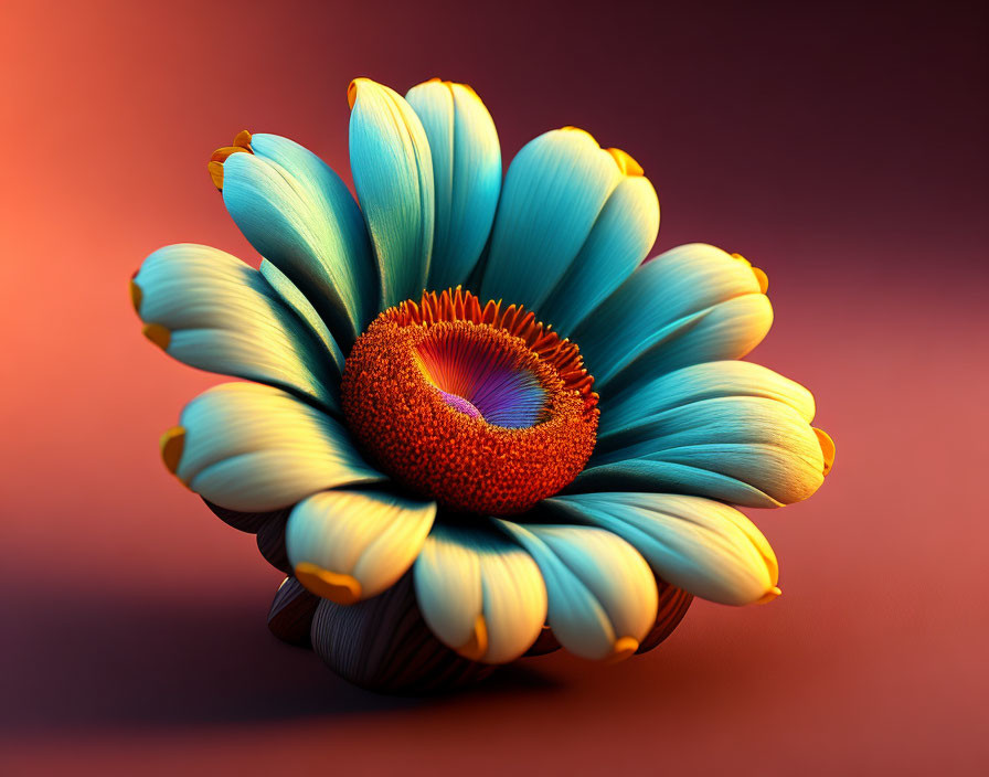 Colorful digital flower with blue and orange petals on textured center, against warm gradient.