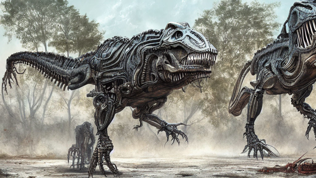 Robotic Tyrannosaurus rex Models in Misty Forest Clearing