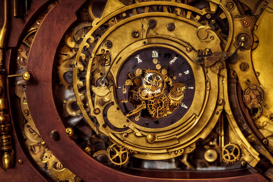 Brass gears and cogs create vintage mechanical clockwork