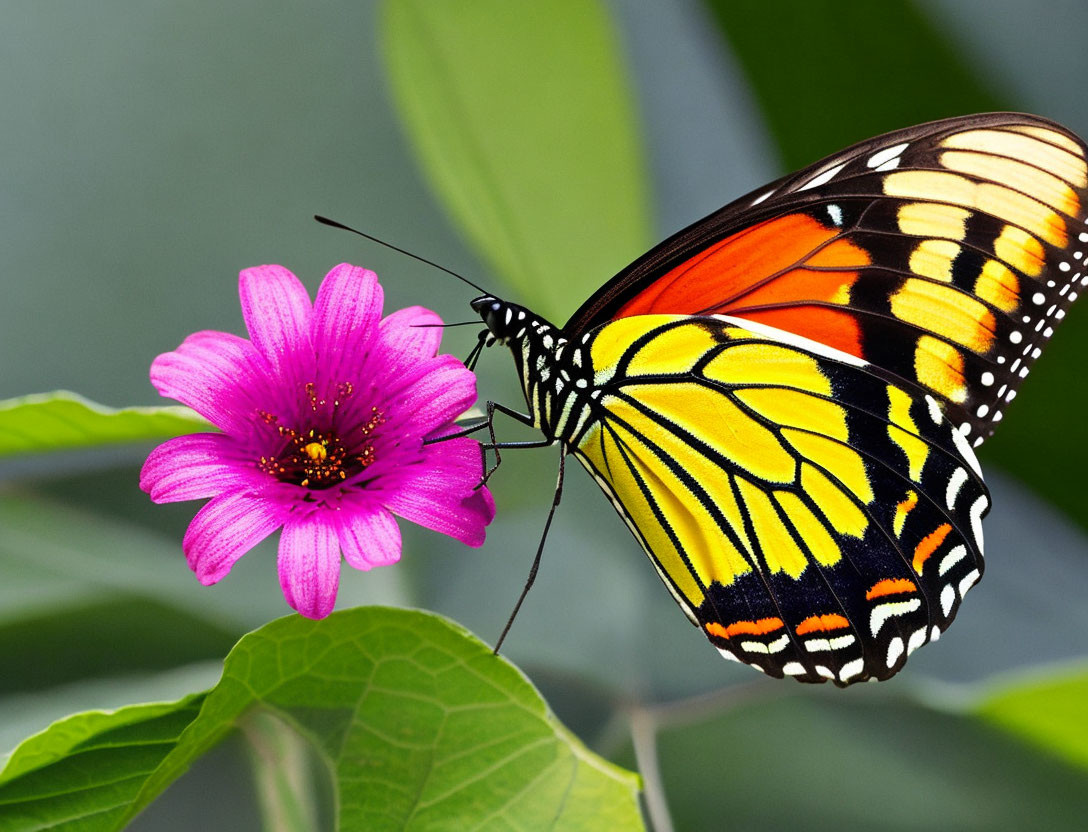 Colorful Monarch Butterfly on Purple Flower with Green Foliage