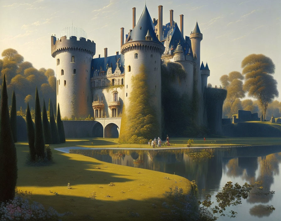 Fantasy castle with towers mirrored in lake at sunset, surrounded by lush landscape and tiny figures.