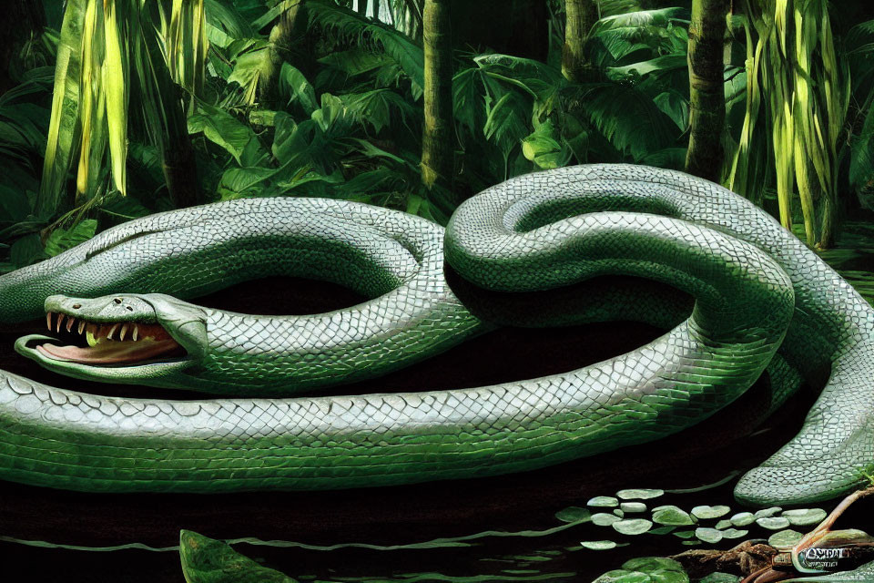 Large Green Snake Camouflaged in Lush Jungle Foliage