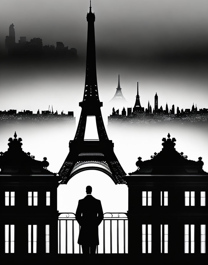 Person silhouette on balcony with Eiffel Tower outline in cityscape.